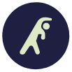 A circular icon with a dark blue background shows a light green silhouette of a person stretching, reaching one arm overhead.