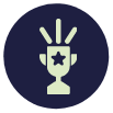 A circular icon with a dark blue background shows a light green trophy with a star on it, and three lines radiating upwards from the top.