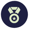 A circular icon with a dark blue background shows a stylized medal with a star in the center. The medal and its ribbon are light green.