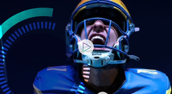Dan Parisi in a football helmet and uniform, yelling with intensity during a dramatic, stylized sports-themed shot with digital graphics overlaying the image.