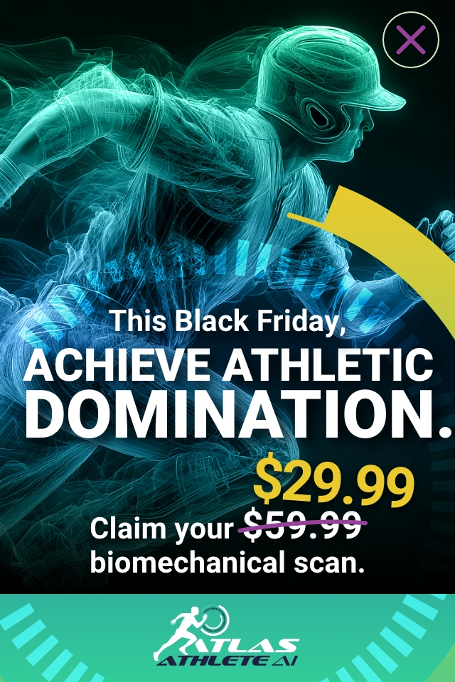 Black Friday ad featuring a glowing teal digital illustration of an athlete running, promoting a $29.99 biomechanical scan from Atlas Athlete AI with the original $59.99 price crossed out.